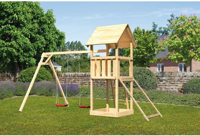 Karibu Spielturm Lotti mit Doppelschaukel & Netzrampe aus Massivholz - Bild 1