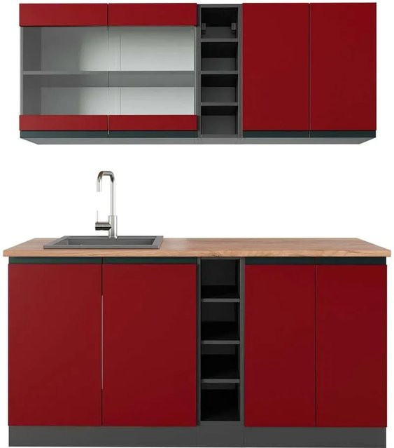 Vicco R-Line Singleküche modern in Rot/Anthrazit mit Eiche-Optik, Breite: 160 cm - Bild 1