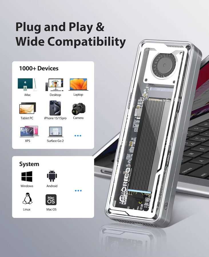 ORICO USB4 M.2 NVMe SSD Gehäuse mit 40Gbps Übertragungsrate und Kühlventilator, kompatibel mit Thunderbolt 4/3 und M.2 SSDs der Formate 2230, 2242, 2260, 2280 (M Key) - Bild 3