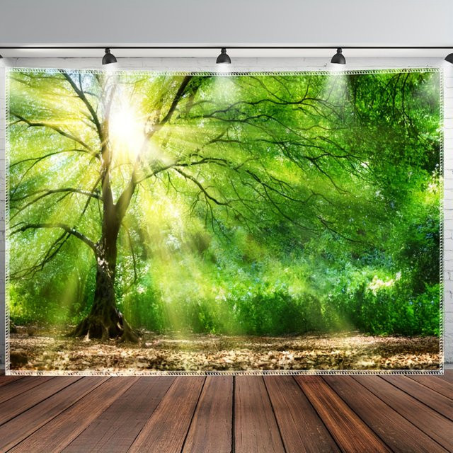 VIKAMA Wandteppich mit Waldmorgenlicht-Motiv in Grün, dekorativer Wandbehang im natürlichen Stil für Wohnzimmer und Schlafzimmer - Bild 1