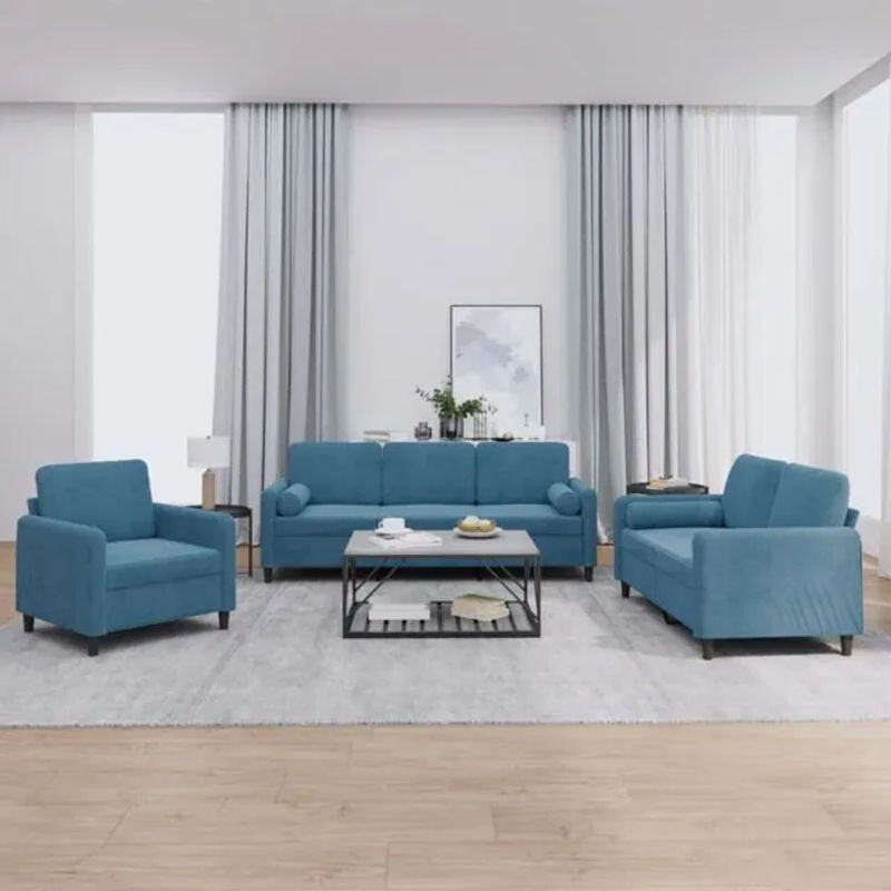 Vidaxl 3-tlg. Sofagarnitur aus Samt mit Metallgestell in Blau, Modernes Design mit Kissen - Bild 1