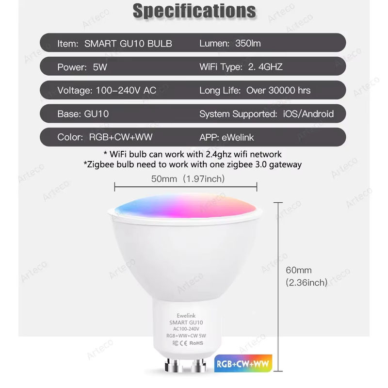Arteco Smart LED Glühbirne GU10 mit Zigbee und Wifi, RGBW Strahler in Weiß, kompatibel mit Alexa und Google Assistant - Bild 2