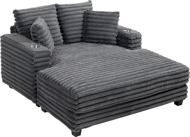 HOMCOM Schlafsofa 2 Sitzer Chaiselongue mit Bettfunktion in Grau, Cord-Optik mit Becherhalter und Wurfkissen, B/T/H: 134 x 151 cm - Bild 1