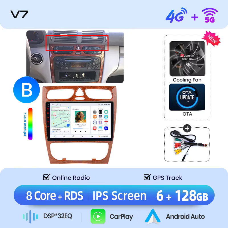 Junsun Wireless CarPlay und Android Auto Autoradio für Mercedes-Benz C-Klasse W203 und CLK-Klasse C209/A209, Schwarz, mit GPS, Wi-Fi, Multimedia-Player und DSP - Bild 5