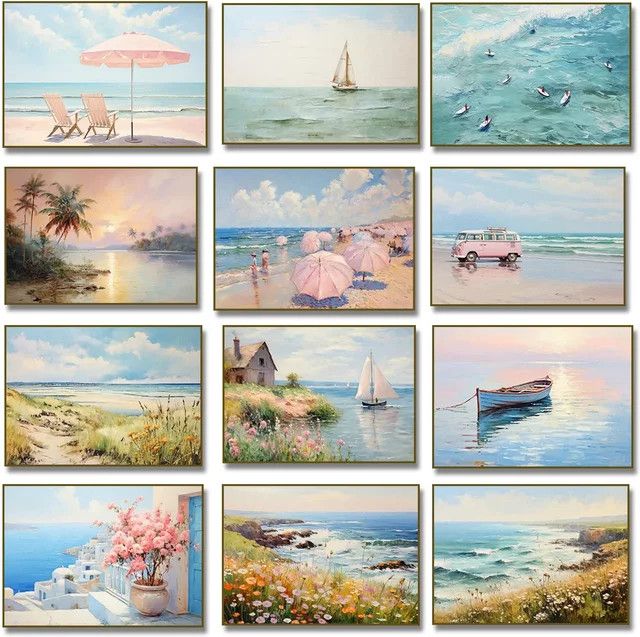 Retro Leinwandmalerei Potdemiel mit Segelboot, Leuchtturm und Palme in Multicolor - Bild 1