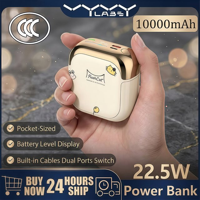 Vyvylabs CCC Mini Powerbank 10000mAh mit 22,5W PD Schnellladung und umschaltbarem Lightning und USB-C Kabel in Weiß - Bild 1