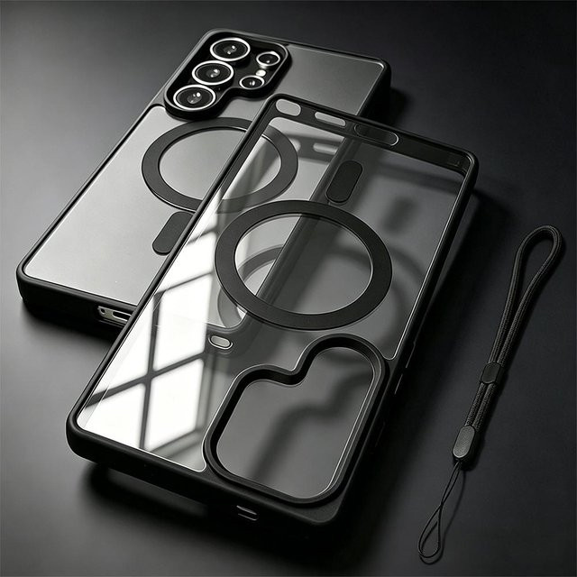 Transparente MagSafe Acrylhülle mit Handschlaufe für Samsung Galaxy S24 FE, S23, S22 Plus, S24, S25 Edge und S26 Ultra, Schwarz - Bild 1