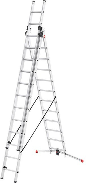Hailo S100 ProfiLOT Aluminium Multifunktionsleiter 3-teilig in Silber und Rot mit LOT-System und 3 x 12 Sprossen - Bild 1