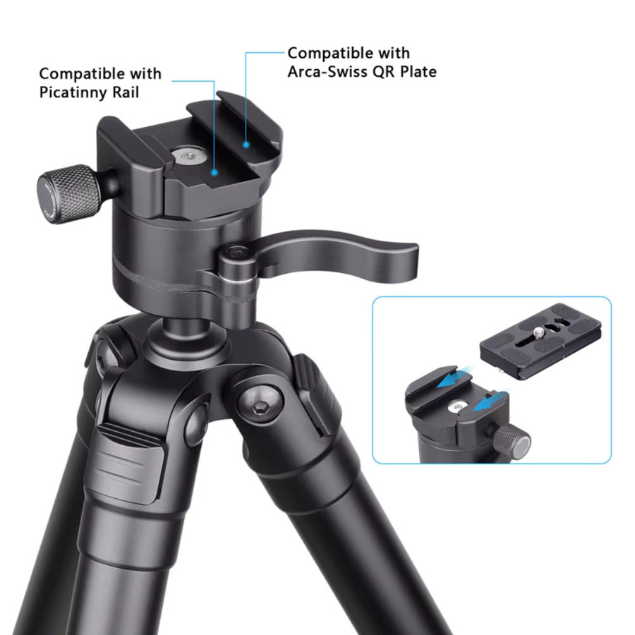 VICELK HT-06 Professionelles Fotostativ aus Aluminiumlegierung in Schwarz mit Ballkopf und 2-in-1 Picatinny-zu-Arca-Swiss-Adapter, Höhe: 155 cm - Bild 3