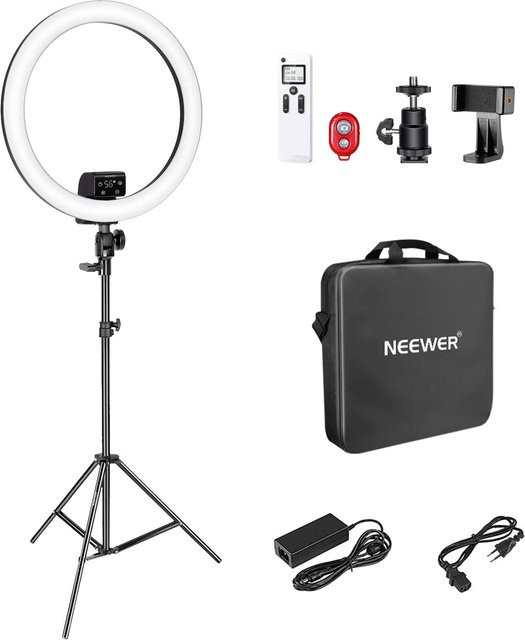 NEEWER SRP18-2.4G 18-Zoll LED-Ringlicht mit Stativ und Handyhalterung, 42W, 3200-5600K, Schwarz - Bild 1