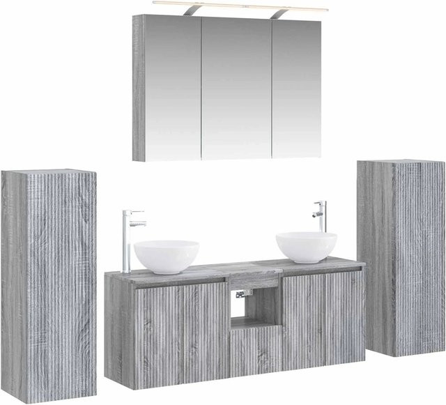 vidaXL Badezimmermöbel-Set 6-teilig in Grau Sonoma, modern mit Glasfronten, LED-Beleuchtung und Waschtischunterschrank - Bild 1