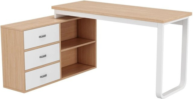 PXloue Bürotisch Schreibtisch mit 3 Schubladen und 2 Fächern in Holzoptik Weiß, B/T/H: 147 x 100 x 75 cm - Bild 1
