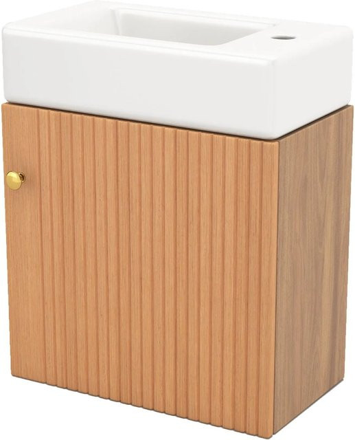 PXloue Badezimmermöbel Waschtisch mit Unterschrank und Keramikbecken, Wandhängend, Braun und Weiß, B: 46 cm, T: 56 cm, H: 26 cm - Bild 1