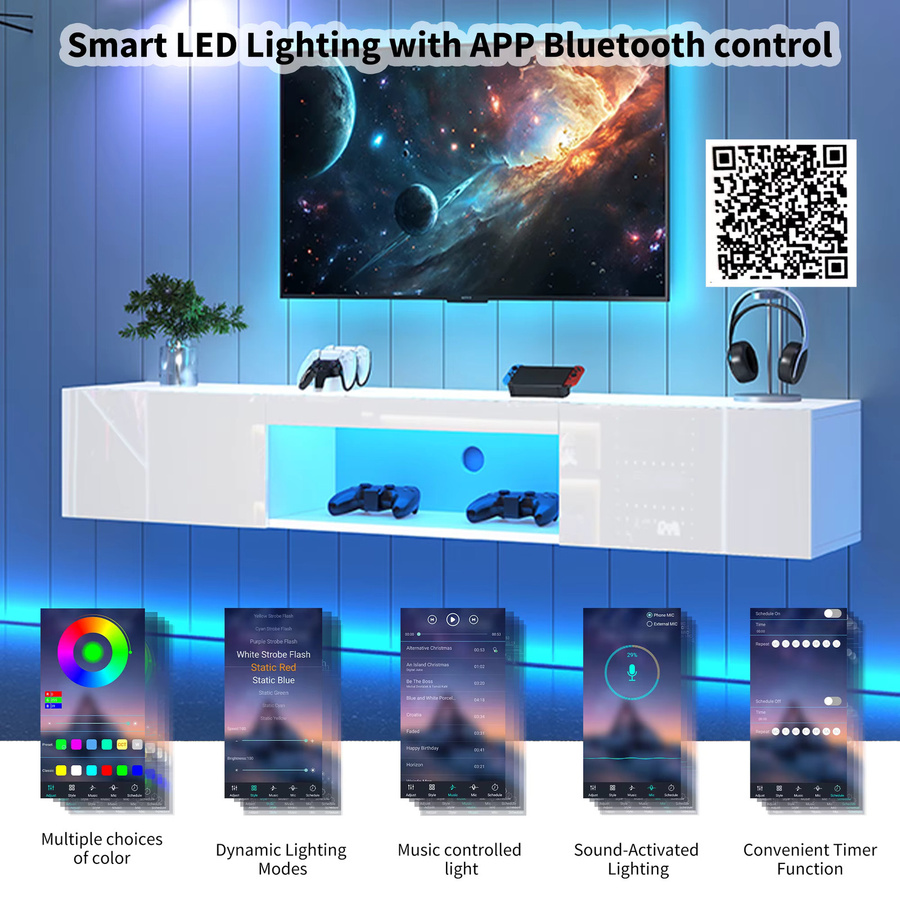 Anajqaqia Weißer TV-Schrank mit LED-Beleuchtung und Bluetooth, moderner TV-Ständer in Glanzoptik, B/T/H: 160 x 31 x 22 cm - Bild 5