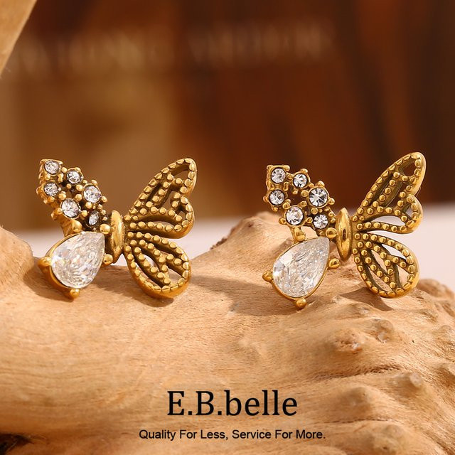 E.B.belle Ohrstecker, Schmetterling, Zirkonia, 18 Karat vergoldet, Edelstahl, Damen - Bild 1