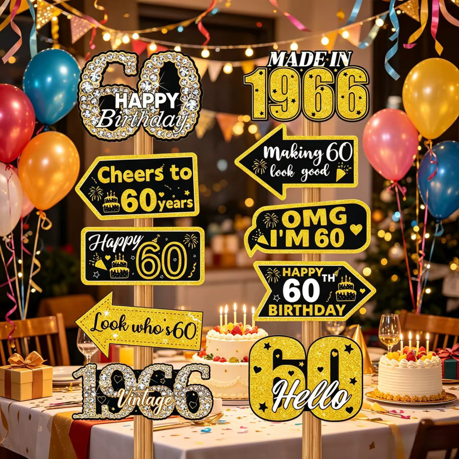 AFYPRTY 10-teiliges 60. Geburtstag Dekorations-Set in Schwarz-Gold im Vintage-Stil aus Papier mit Foto-Requisiten - Bild 5