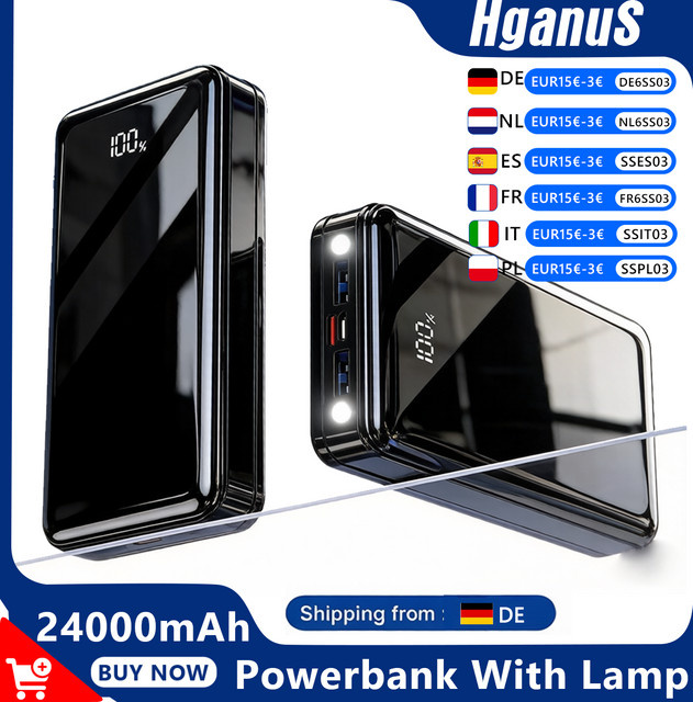 Hganus Tragbare Powerbank 24000mAh mit 22,5W Schnellladung und LED-Lampe, Externer Akku mit USB-C in Schwarz - Bild 1