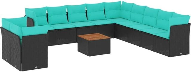vidaXL Garten-Sofagarnitur 12-teilig aus Poly-Rattan und Akazienholz in Schwarz mit Kissen - Bild 1