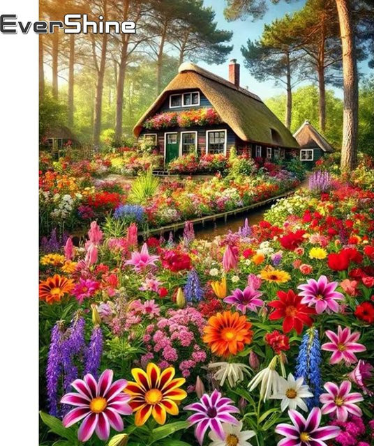 Evershine Diamantmalerei Haus-Landschaft DIY Diamant-Stickerei mit runden Steinen in Multicolour, B/H: 30 x 30 cm - Bild 1