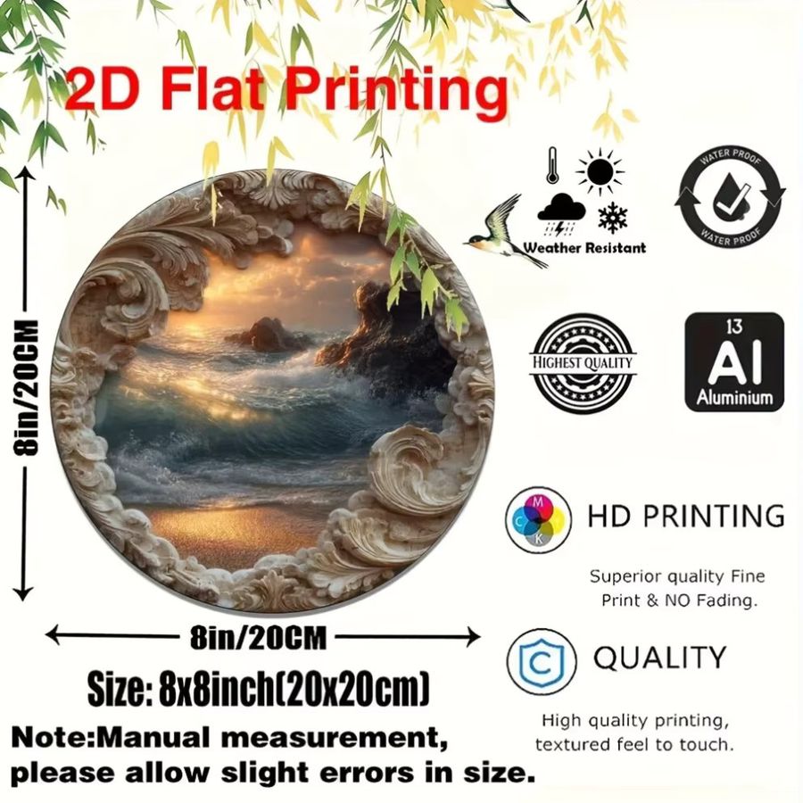 Rundes Metallwandschild von CIFBUY mit böhmischem Küstendekor aus Aluminium in Weiß, Durchmesser: 20,3 cm - Bild 2