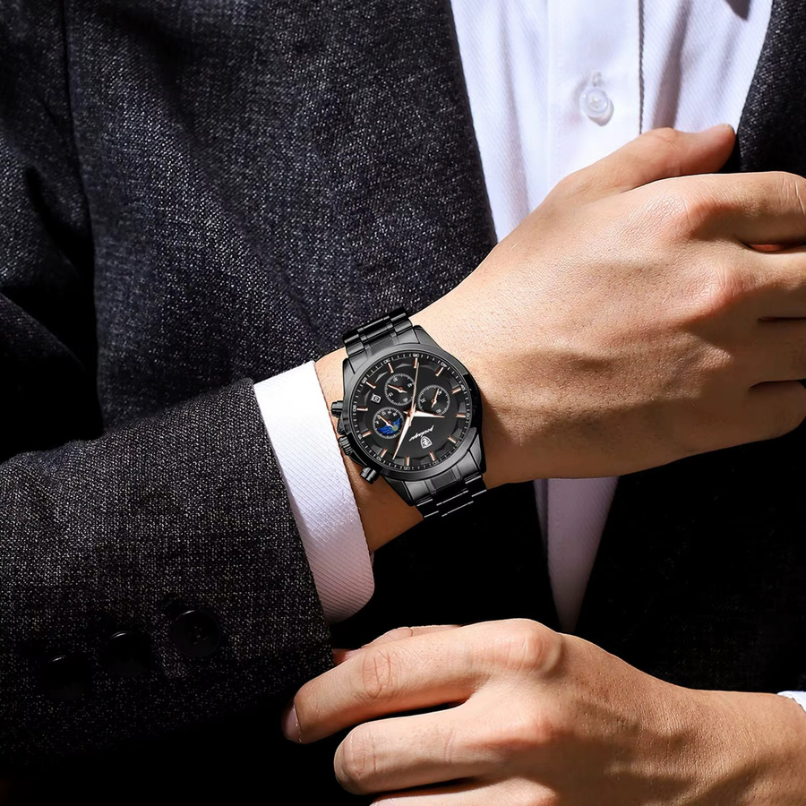 POEDAGAR Armbanduhr Chronograph, Quarz, Edelstahl, Schwarz, Herren - Bild 6