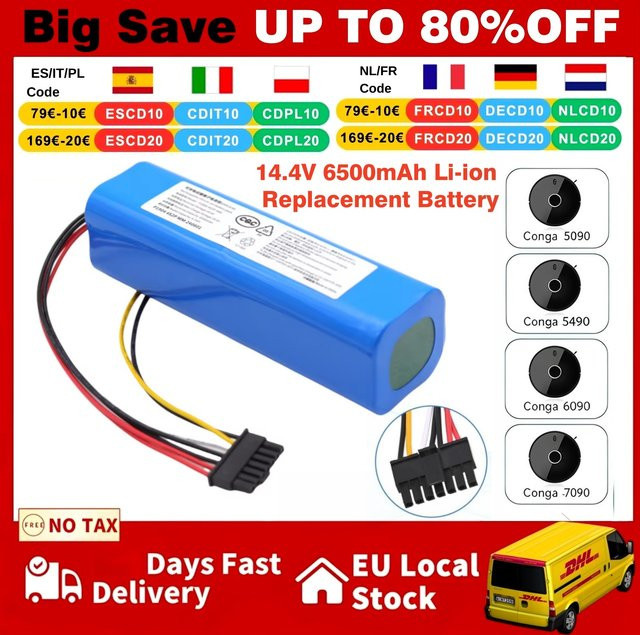 Cecotec Ersatzbatterie für Conga 5090 5490 6090 7090 Roboter-Staubsauger, 6500 mAh, 14,4 V, Blau - Bild 1