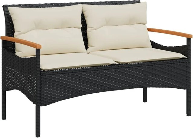 vidaXL Gartenbank aus Polyrattan und Akazienholz mit Kissen, Schwarz, B/T/H: 116 x 62,5 x 74 cm - Bild 1