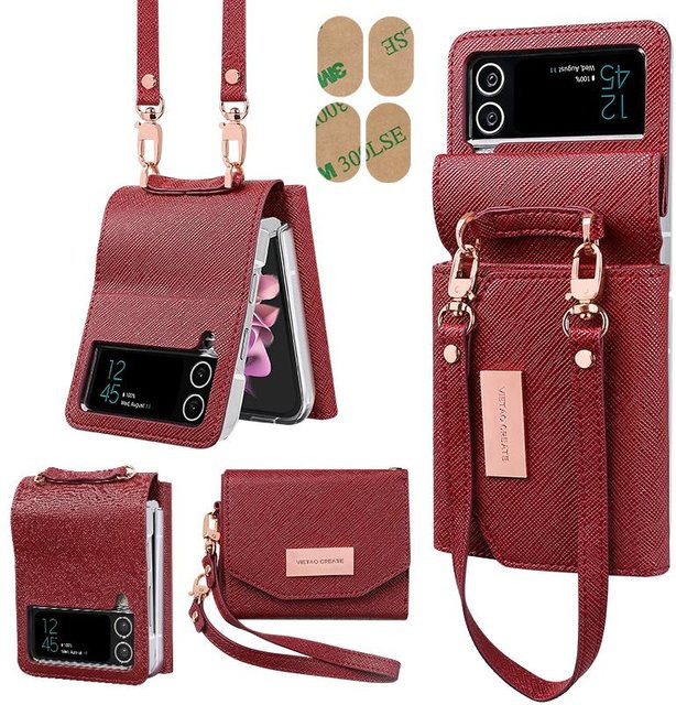 Vietao-Fashion Leder Geldbörse mit Armband und Handschlaufe als Handyhülle für Samsung Galaxy Z Flip 6, Z Flip 5, Z Flip 4 und Z Flip 3 in Rot - Bild 1