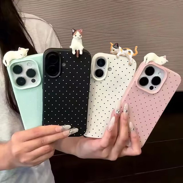 Korea Lovely Polka Dot 3D Katze Handyhülle für iPhone 17 16 15 14 13 12 11 Pro Max Plus Air stoßfestes Cover - Bild 1