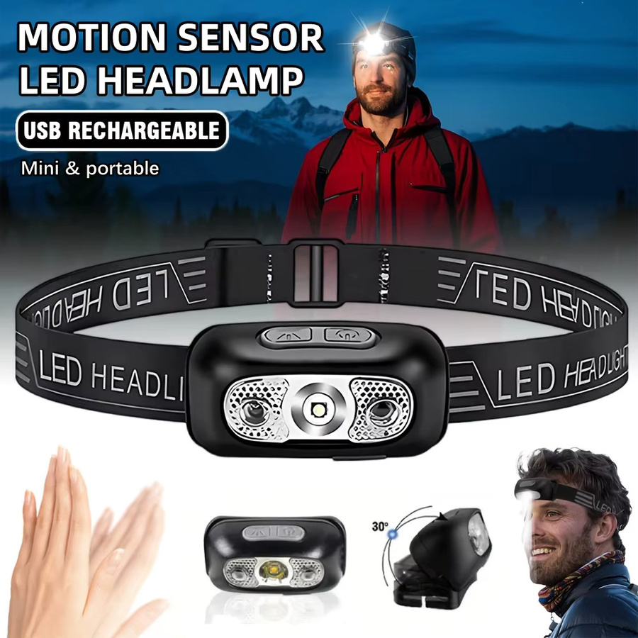 XIWANGFIRE Mini-Stirnlampe mit Wellensensor, USB wiederaufladbare Kopflampe in Schwarz für Camping, Wandern und Notfälle - Bild 7