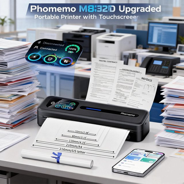 Phomemo M832D Tragbarer Thermodrucker mit Touchscreen, Tintenlos, unterstützt A4 und US Letter, kompatibel mit iOS, Android und PC, Schwarz - Bild 1