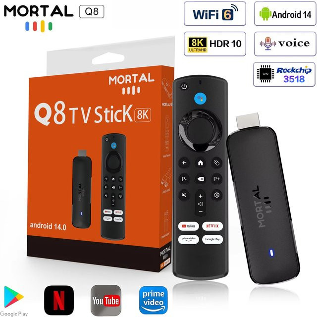 Mortal Q8 Android 14 TV-Stick mit WIFI6 und Sprachsteuerung, 8K Media Streamer in Schwarz - Bild 1