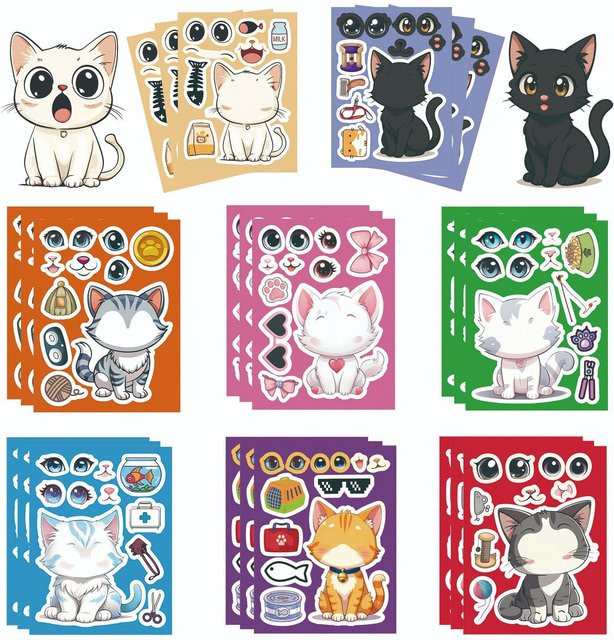 GOGOTU Niedliche Katzen-Puzzle-Aufkleber, 8/16 Blatt, Nachfüllpack - Bild 1