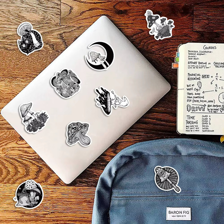 50 Stück Gothic Pilz Aufkleber in Schwarz-Weiß für Laptop, Skateboard und Telefon zur kreativen Dekoration - Bild 3