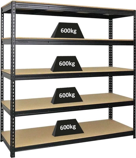 PROREGAL Profi Schwerlastregal Bison Schwarz, H x B x T: 180 x 180 x 60 cm, 5 Ebenen mit Spanplatten, 600 kg Fachlast - Bild 1