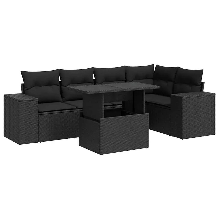 vidaXL 6-teilige Garten-Sofagarnitur in L-Form aus schwarzem Poly-Rattan mit wetterfesten Kissen und pulverbeschichtetem Stahlgestell - Bild 2