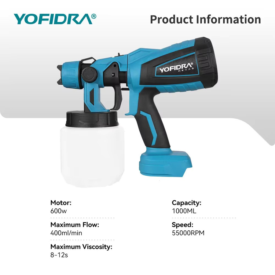 YOFIDRA Kabellose elektrische Spritzpistole mit 55.000 U/min, Airbrush-Werkzeug für Makita 18 V Akku-Pin, 1000 ml - Bild 2