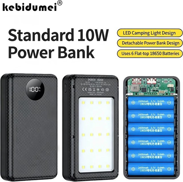 KEBIDUMEI Powerbank-Gehäuse für 6x 18650 Akkus, 20000mAh, 10W Schnellladen und kabelloses Laden, Schwarz - Bild 1