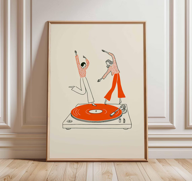 Potdemiel Wandkunstdruck Retro-Plattenspieler-Poster mit tanzendem Paar in Multicolour als abstrakte Papier-Illustration - Bild 1