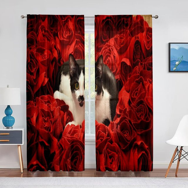 Transparenter Voile-Vorhang mit Kätzchen und Blumen-Motiv von Super Six, moderner Tüllvorhang mit Ösen, Breite: 100 cm, Höhe: 250 cm - Bild 1