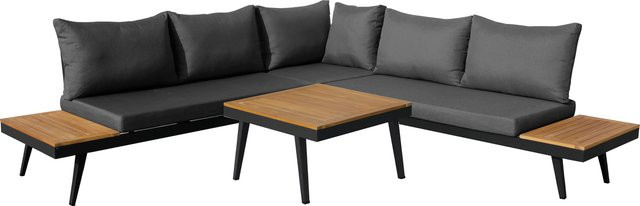 Aluminium-Gartenmöbel-Loungemöbel Costa Set in Anthrazit und Braun mit Akazienholz, 2x Sofa, 1x Ecke, 1x Tisch und UV-beständigen Polyesterkissen - Bild 1