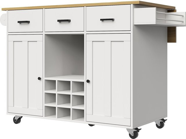 Moderner Küchenwagen von FC in Weiß mit ausklappbarer Arbeitsplatte, 3 Schubladen, 2 Türen, Weinfach und Handtuchhalter, B/T/H: 124 x 40/65 x 91,5 cm - Bild 1