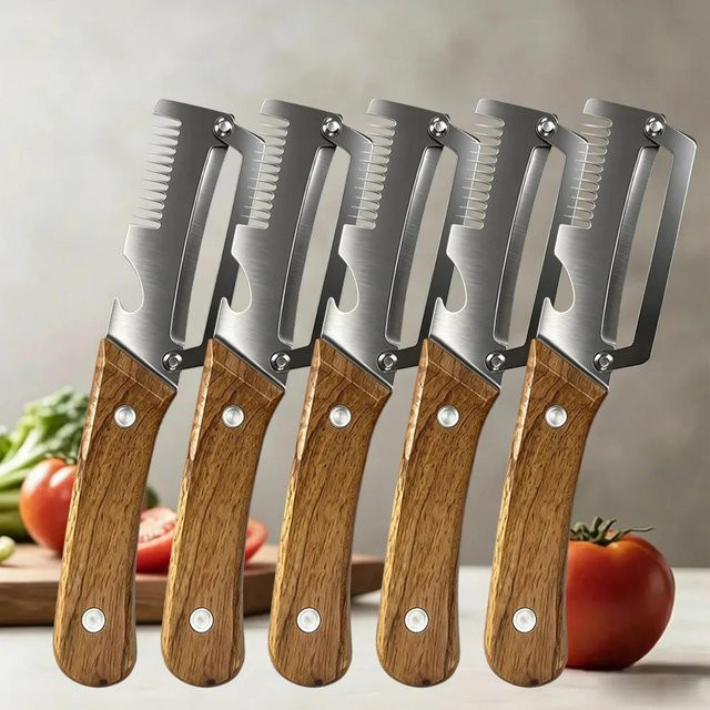 IKKNIFE Multifunktions-Küchenschäler aus Edelstahl in Silber mit Holzgriff zum Schneiden von Obst und Gemüse - Bild 1