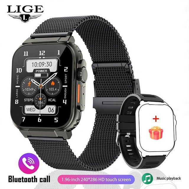 LIGE SIRI Dial Smartwatch mit 600mAh Akku, TWS Musik, Bluetooth Calling, Herzfrequenz- und SpO2-Messung, Sportuhr für Herren mit Mesh-Armband, Schwarz - Bild 1