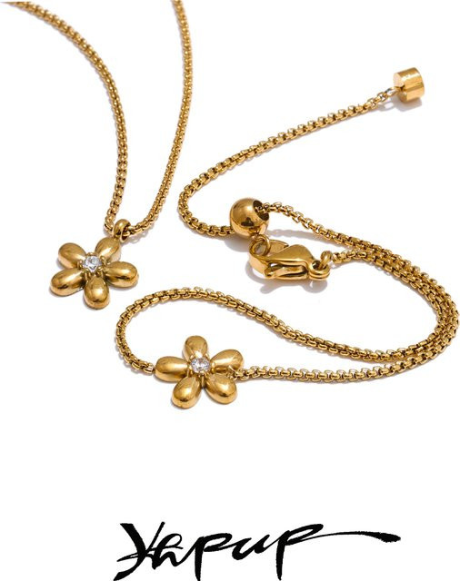 Yhpup Halskette, Armband, Ohrringe, Edelstahl, 18K vergoldet, Zirkonia, Blumen, Unisex - Bild 1
