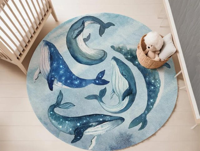 Runder Teppich Karpetti mit Meerestier-Motiv in Blau, weiche Spielmatte für Kinderzimmer, Wohnzimmer oder Schlafzimmer, Durchmesser: 80 cm - Bild 1