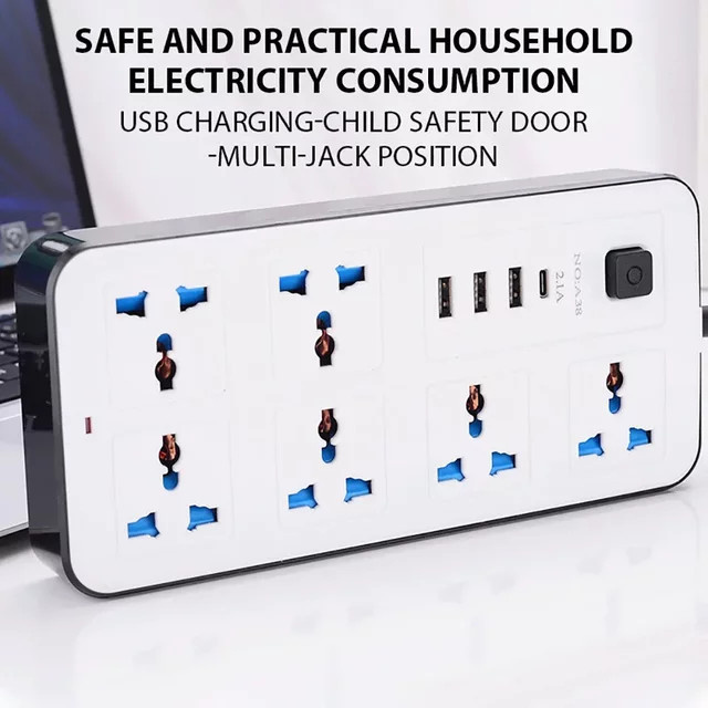 Henruisi Power Multi Tap Universal Steckdosenleiste mit USB-C Port in Weiß und 1,8 m Verlängerungskabel - Bild 1