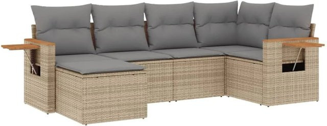 vidaXL 6-teilige Garten-Sofagarnitur in L-Form aus Poly-Rattan und Akazienholz mit Kissen, Beige-grau - Bild 1
