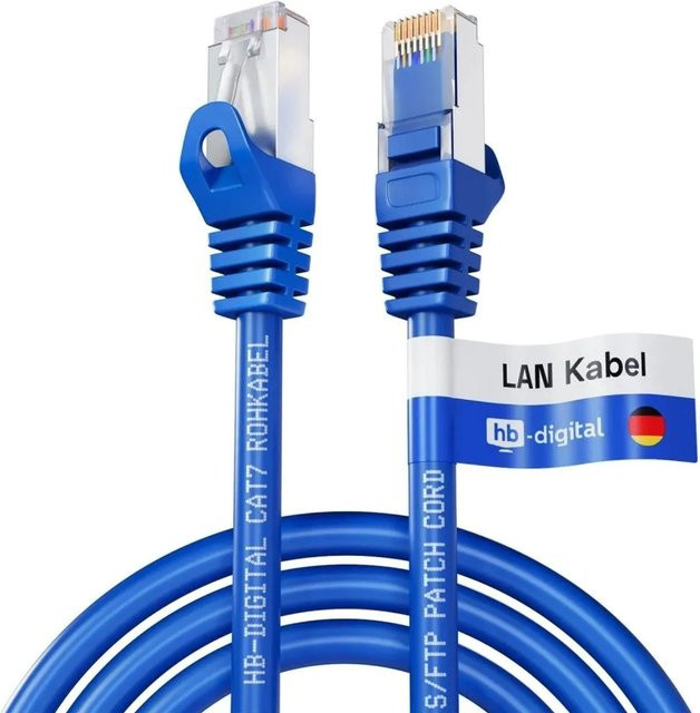 hb-digital Patchkabel CAT 7 Ethernet LAN Rohkabel RJ45 S/FTP PiMF LSZH AWG 26 Blau, Länge: 0,25 m - Bild 1