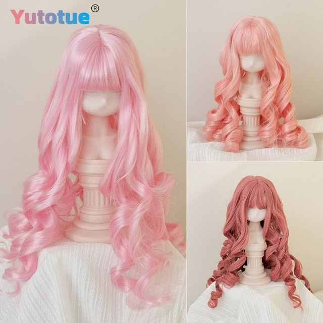 Yutotue Perücke mit lockigem Haar und Pony, Rosa / Pink, Zubehör - Bild 1